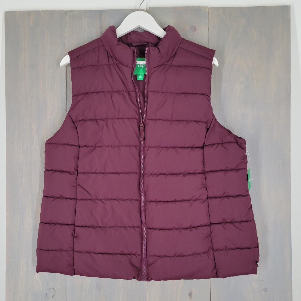 Dip Puffer Vest Womens 1X Burgundy Quilted Full Zip Mock Neck Sleeveless Jacket